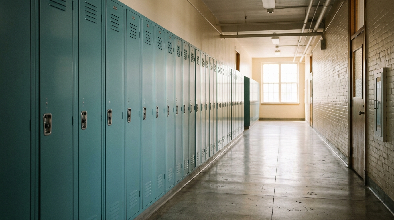 A row of school lockers in an empty corridor