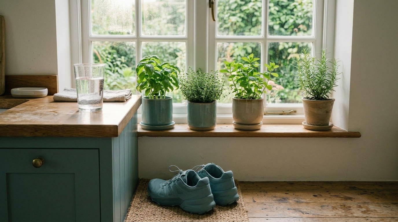 A kitchen window sill with herbs, a glass of water and a pair of running shoes below
