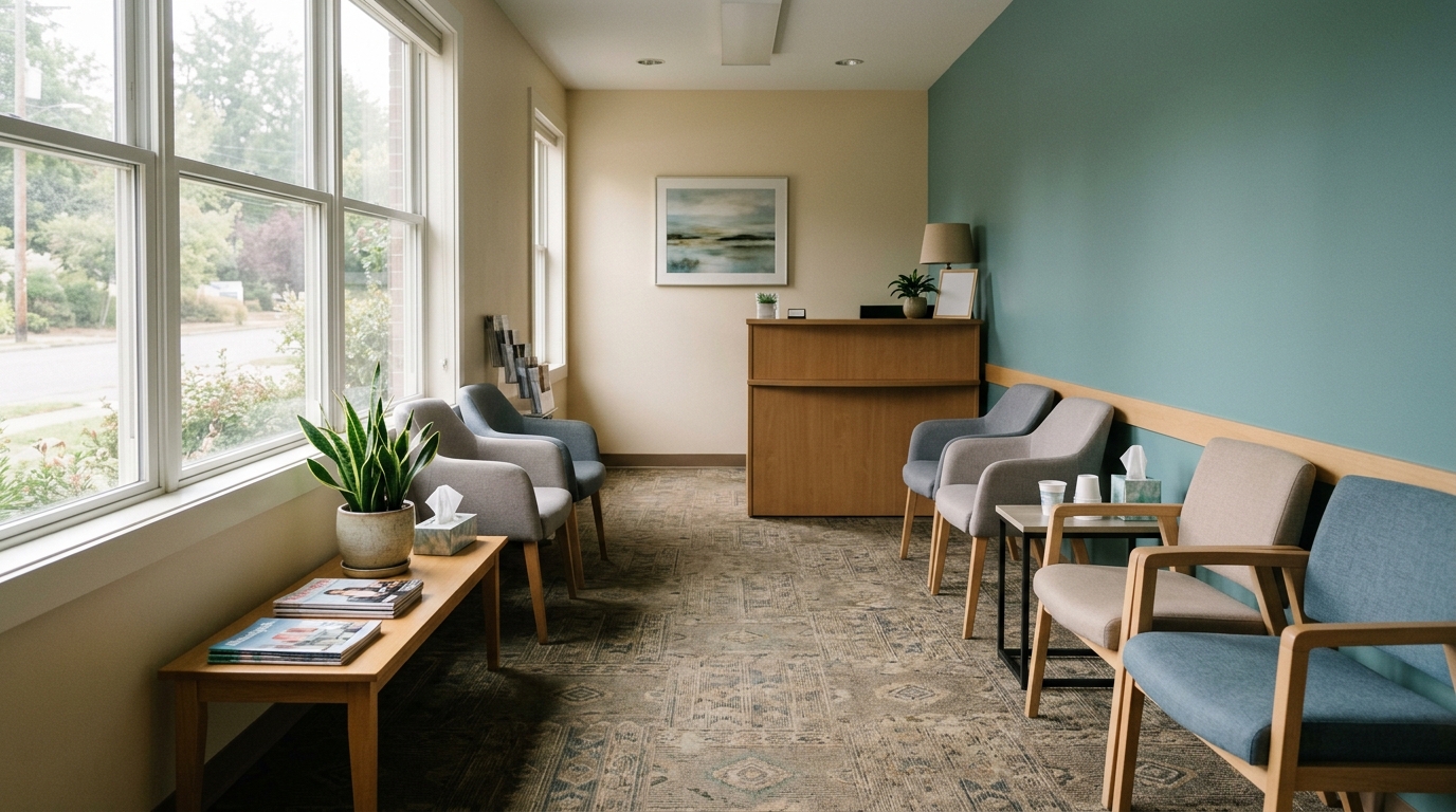 A doctor's waiting room with empty chairs and a window, calm and ordinary