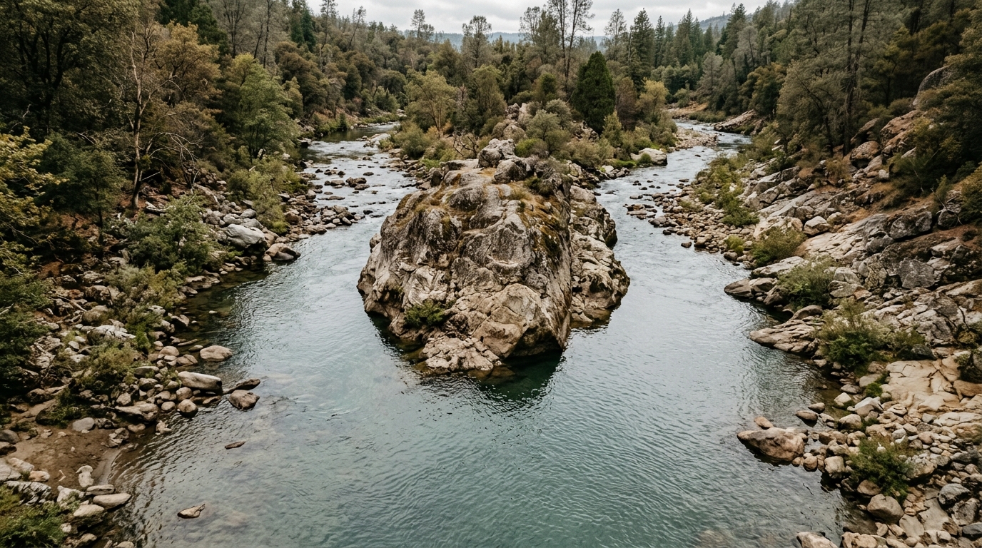 A river forking around a rock into two channels, seen from above