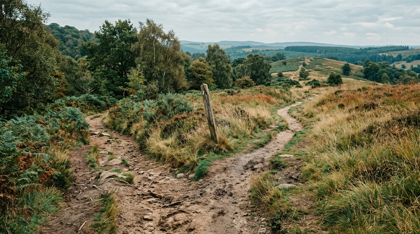 A well-worn footpath through grass that splits into two directions