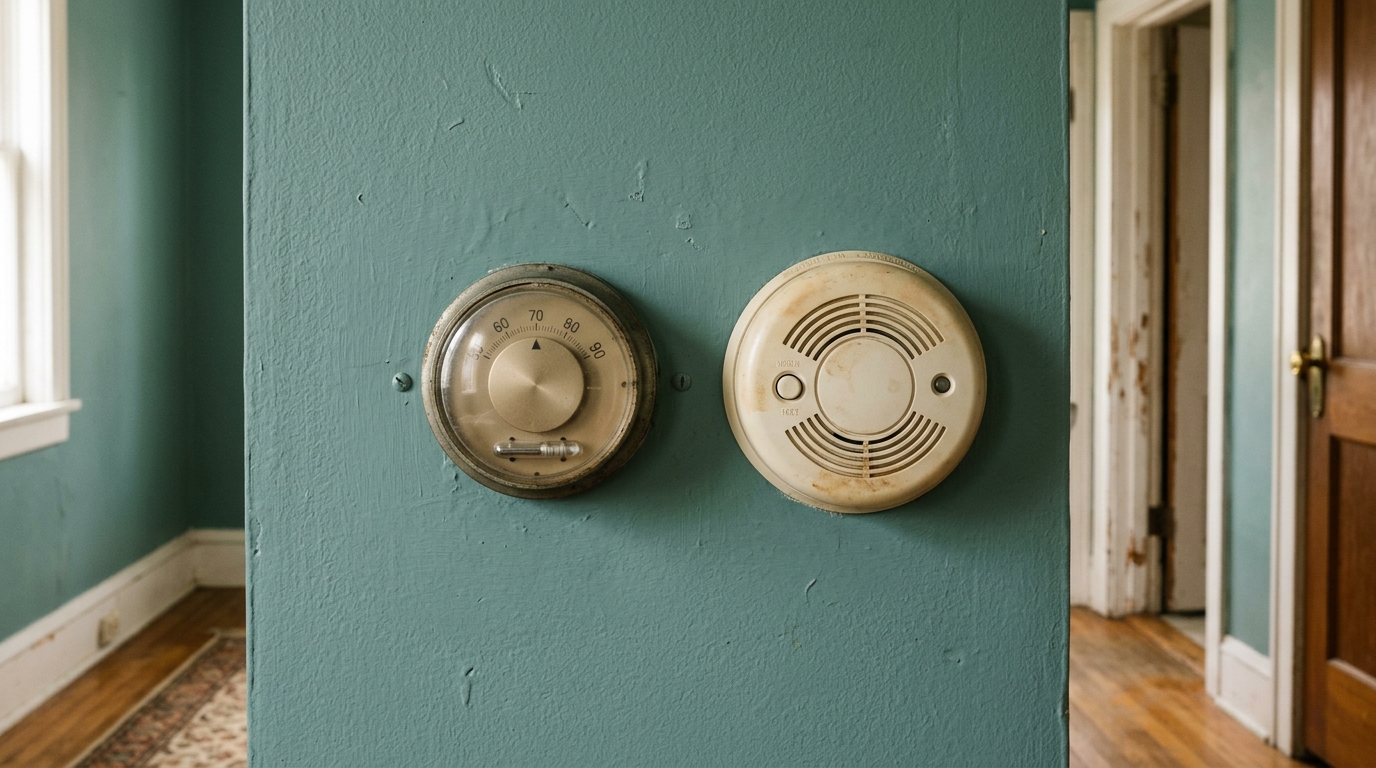 An old thermostat and a smoke alarm on a plain wall, domestic, plain light