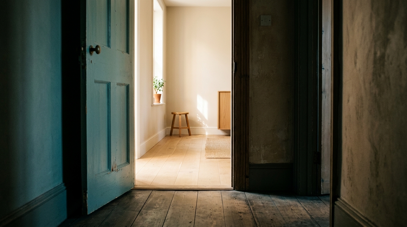 A door left slightly ajar onto a bright room, seen from a darker hallway