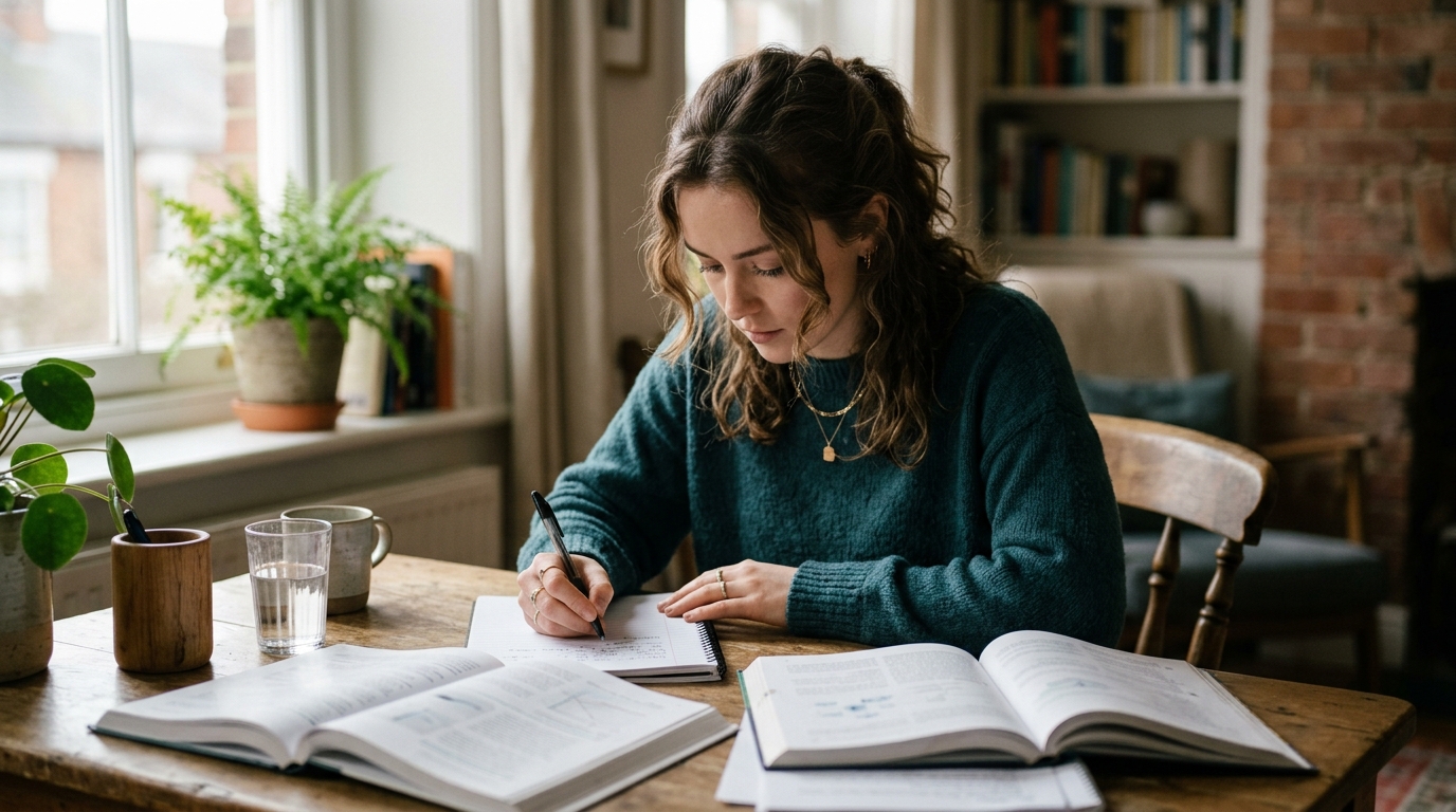 Young woman studying at a desk with books and notes, appearing focused while managing unseen cognitive effort
