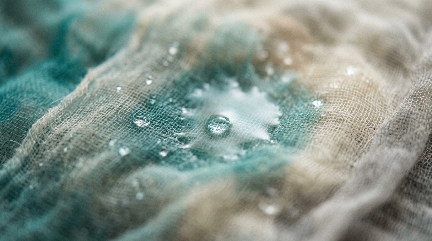 Abstract close-up of water droplets diffusing through gauze — representing the blurred, scattered quality of brain fog — muted teal and warm neutral tones