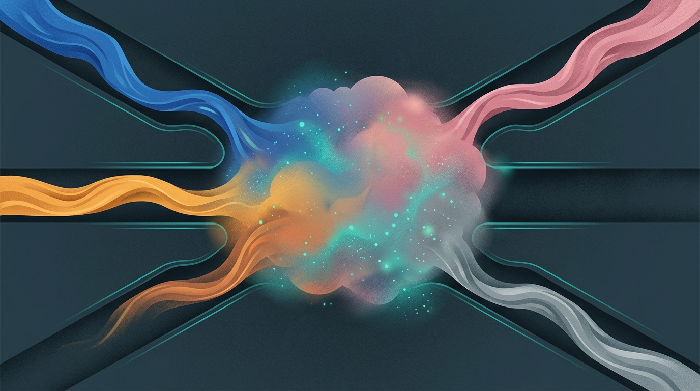 Cross-section diagram concept: four pathways converging on the same foggy endpoint — viral, sleep, hormonal, and injury mechanisms — editorial illustration style, teal palette