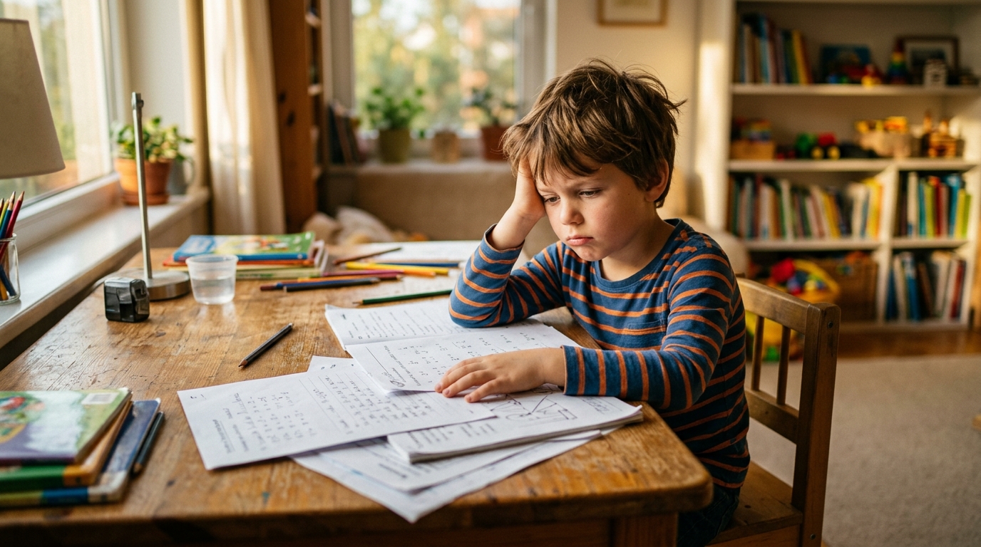A young child sitting at a homework desk looking frustrated, surrounded by scattered papers and a pencil, warm afternoon light from a window