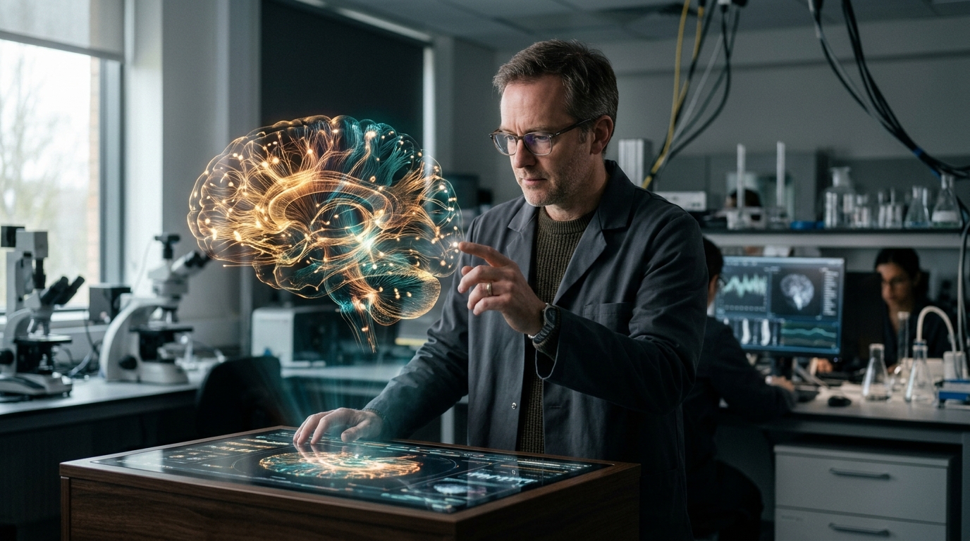 Researcher examining a complex brain connectivity map on multiple monitors — network model of depression