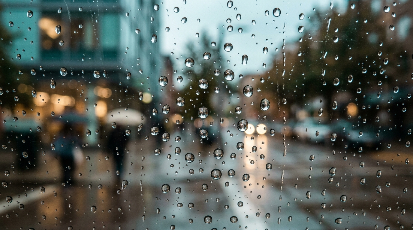 A close-up photograph of water droplets on a glass surface, each droplet refracting the ambient light. Soft teal and warm neutral tones, editorial documentary style.