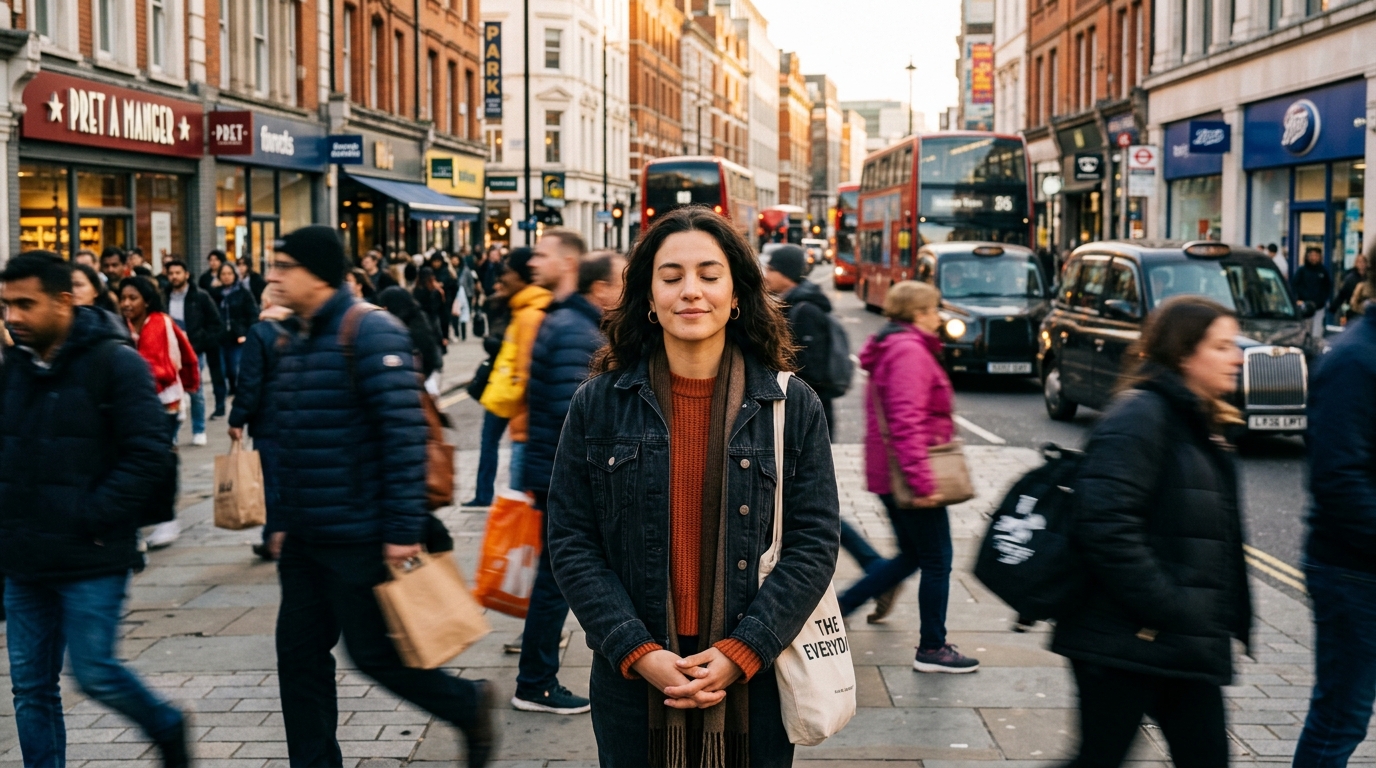Close-up of a person pausing in a busy environment, a moment of quiet attention amid activity
