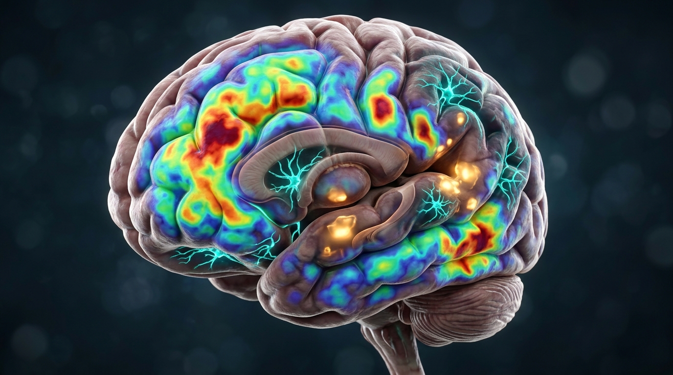 Brain scan visualization representing glial activation and neuroinflammation research in fibromyalgia