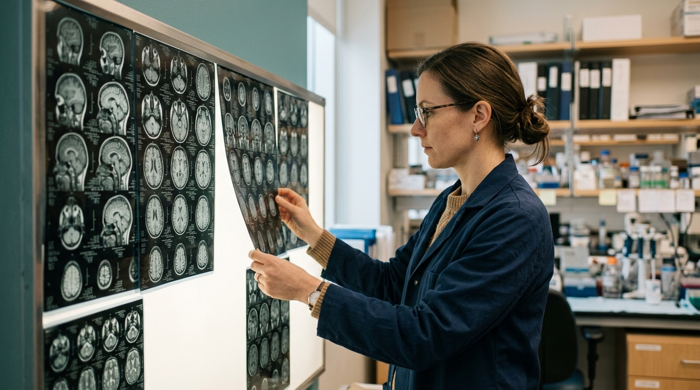 MRI brain scan cross-sections showing cortical gray matter in warm editorial tones, laboratory research setting