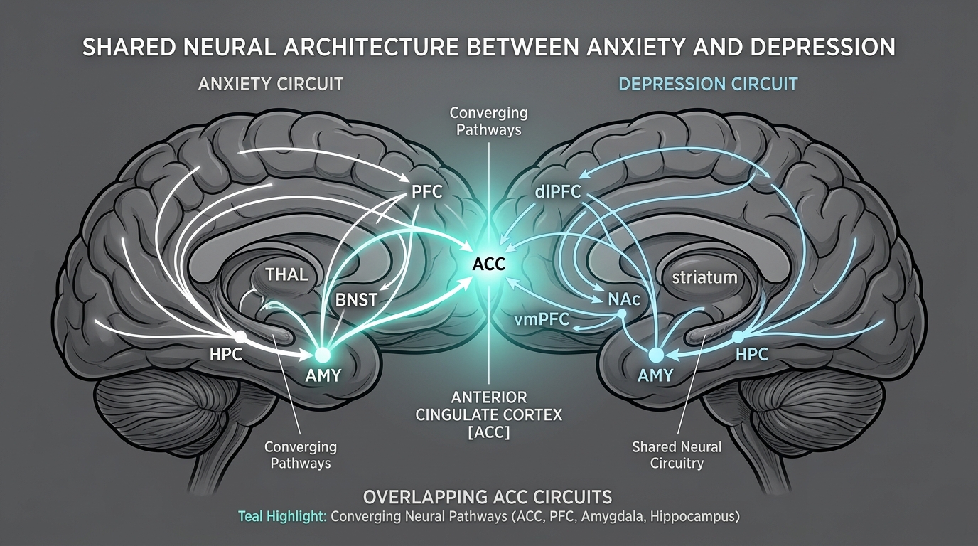 A diagram of two overlapping circles representing the brain regions implicated in anxiety and depression, with the anterior cingulate cortex at the center of the overlap