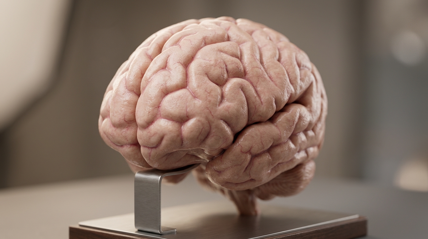 Close-up of a human brain model emphasizing the frontal lobe and prefrontal cortex region, representing executive function architecture