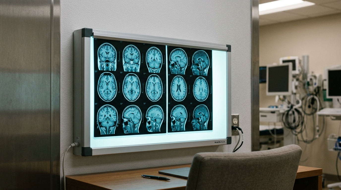 A human brain scan displayed in blue and teal tones, showing cross-sectional MRI slices, soft clinical lighting, editorial documentary style