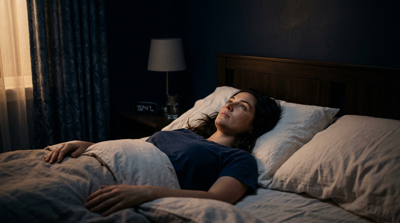 A person lying awake in bed at night, eyes open in the dark, soft ambient light from a window, conveying wakefulness despite apparent exhaustion