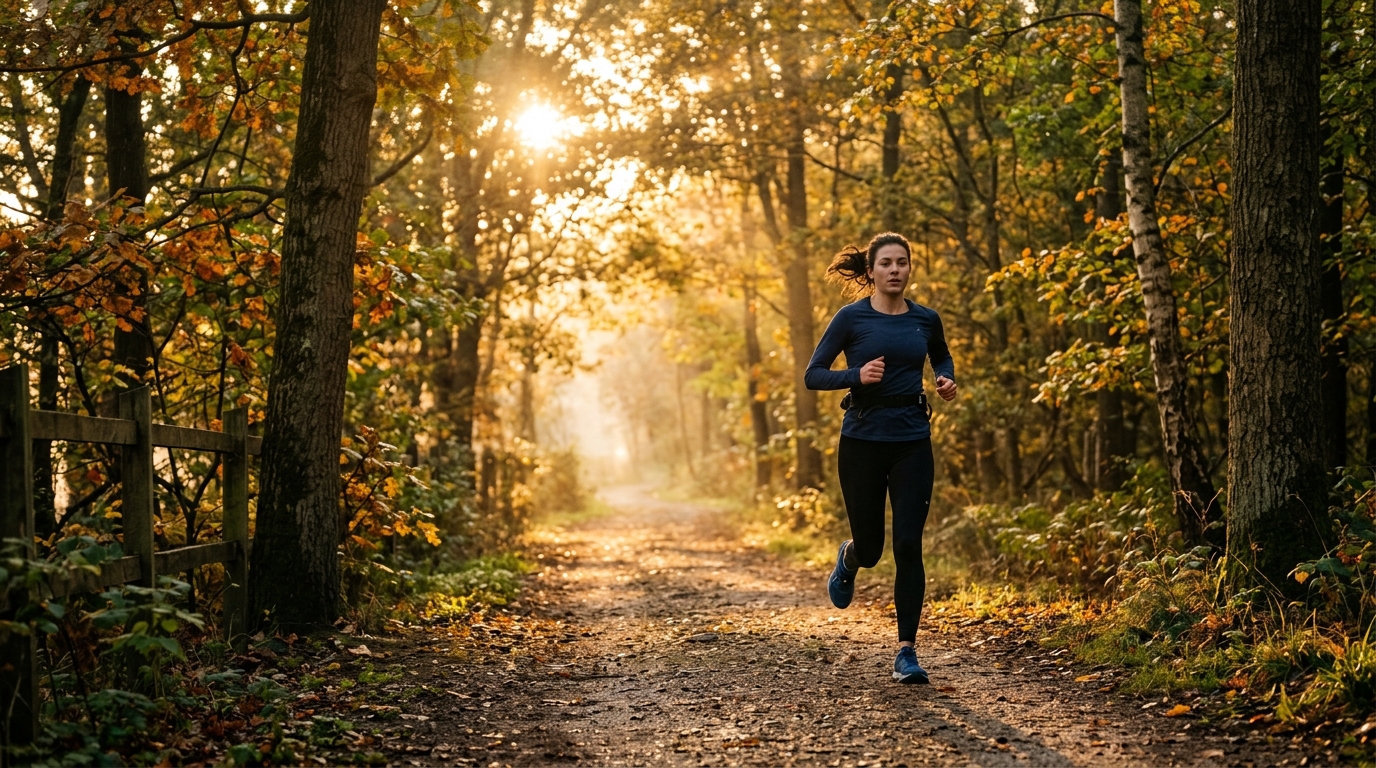 A person running along a tree-lined path at dawn, motion suggesting steady pace, warm golden morning light filtering through leaves