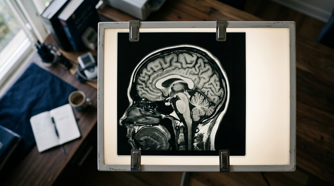 Close-up of a human brain imaging scan rendered in cool teal and warm amber tones, editorial documentary style, no text