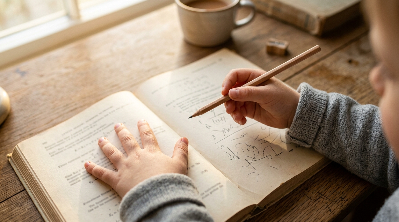 A close-up of a child's hands on a textbook, one hand resting flat and one clutching a pencil, suggesting paused effort