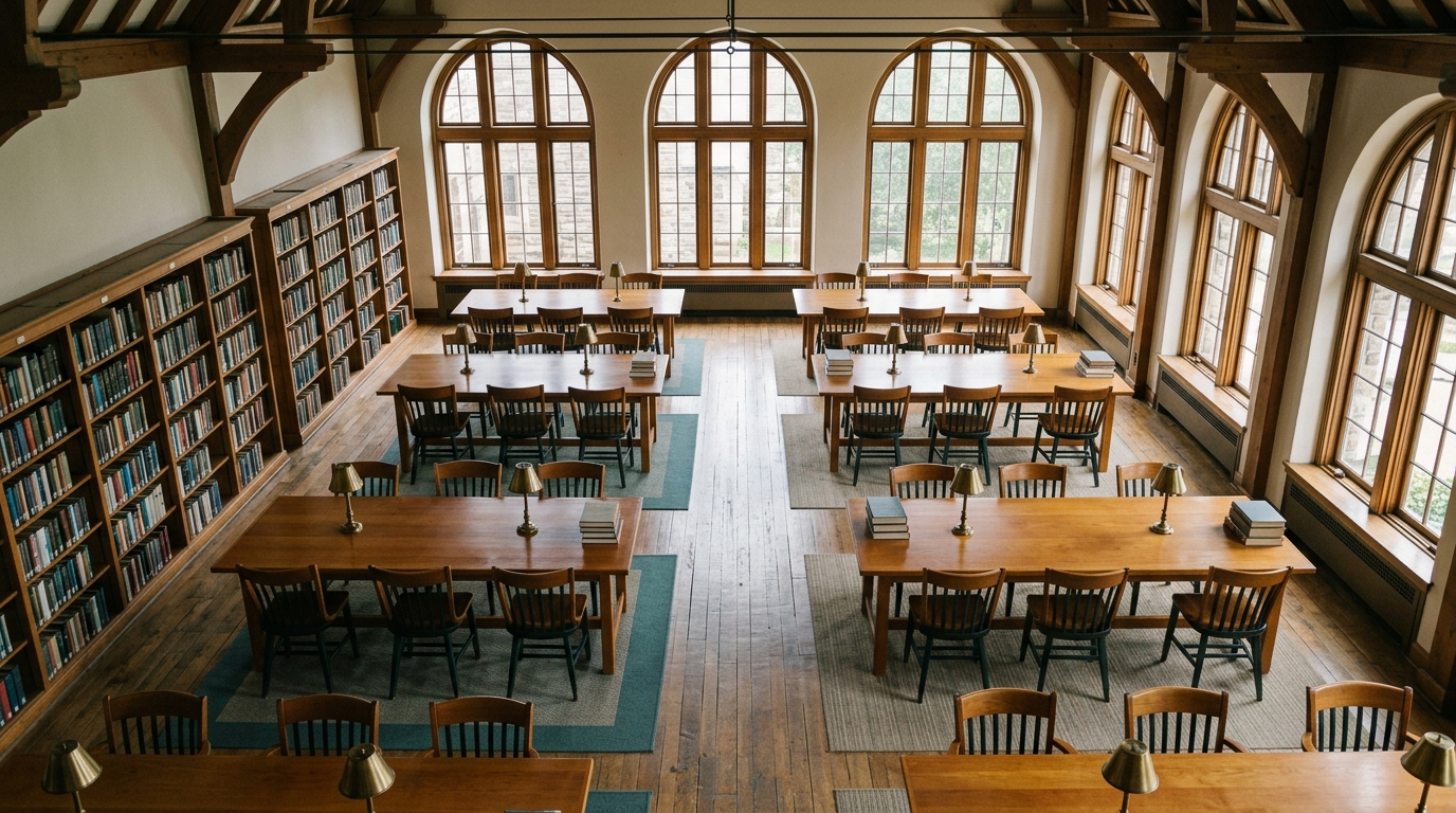 An overhead view of a quiet library reading room, soft natural light through tall windows, empty chairs and tables. Teal and warm neutral palette.