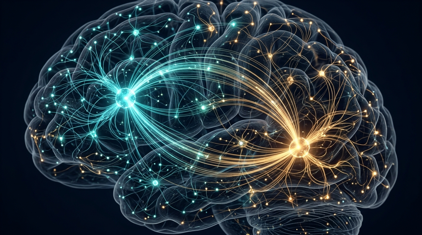 Abstract neural network visualization suggesting interconnected brain regions in teal and warm tones