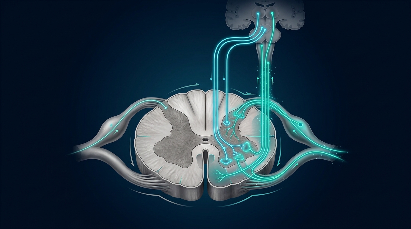 Illustration of central nervous system pain pathways and the role of glial cells in amplifying pain signals