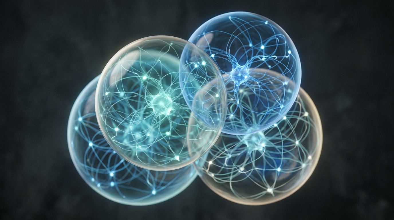 Abstract visualization of four overlapping circular networks representing the circadian, reward, default mode, and fronto-limbic systems in the brain