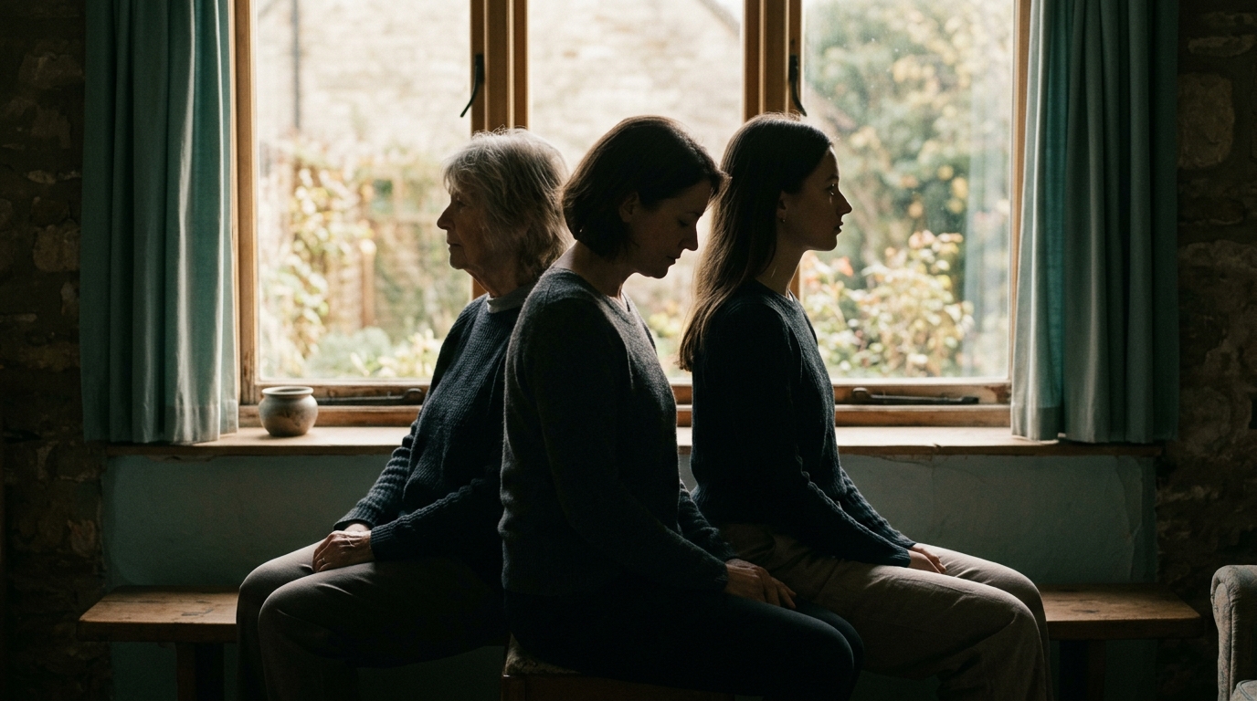 Three stages of a woman’s life depicted as soft overlapping silhouettes with brain imagery, neutral editorial palette