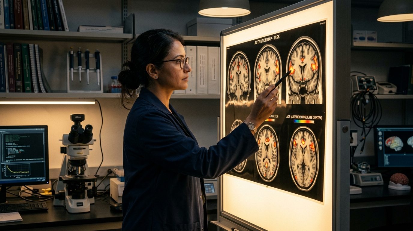 A researcher studying brain scan images showing activation in the prefrontal cortex and anterior cingulate cortex regions
