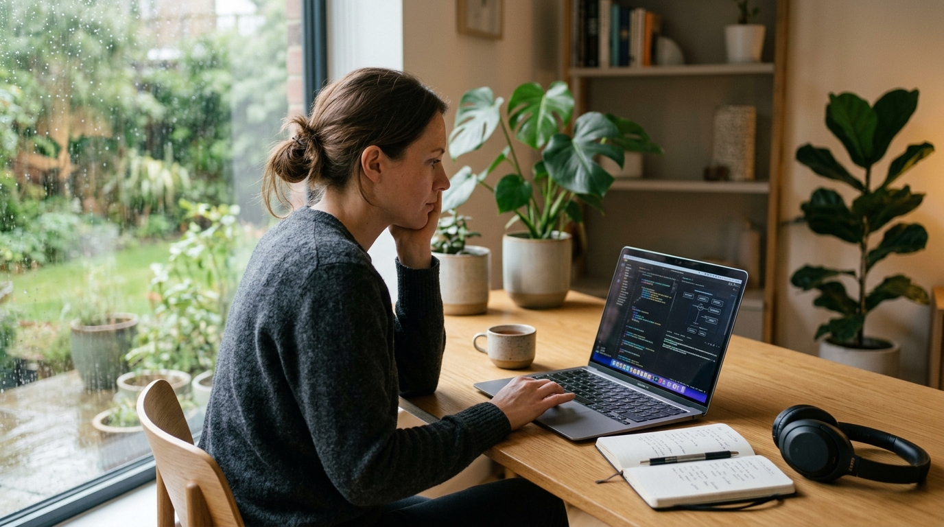 Person at a desk in focused concentration, representing working memory and inhibitory control as active cognitive processes