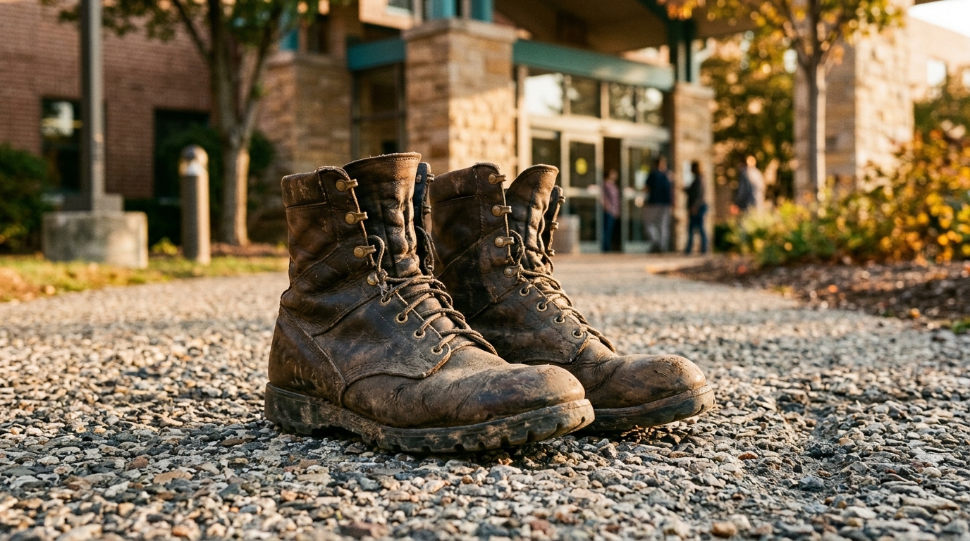 A close-up of a military boot on a gravel path, late afternoon light, documentary style, neutral palette — suggesting the veteran population studied