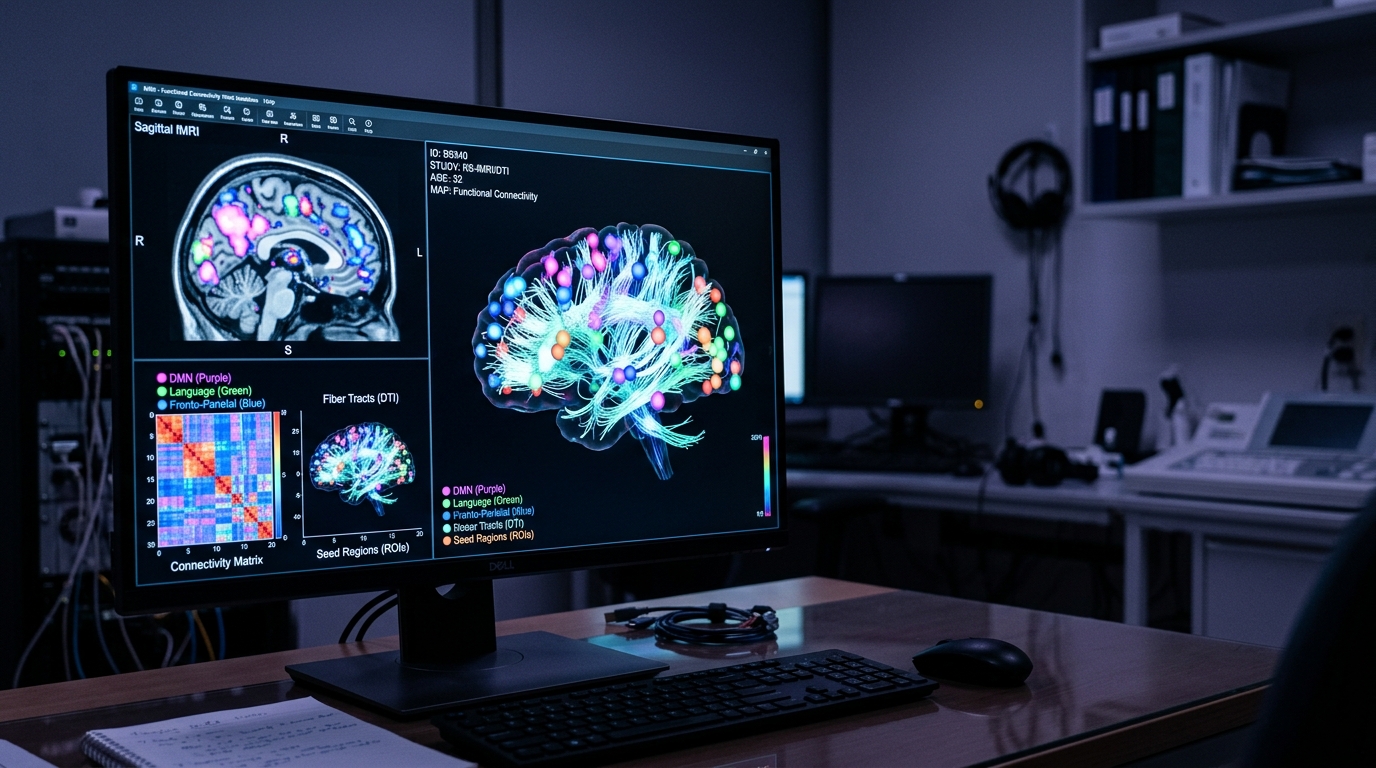 A close-up of brain scan imagery displayed on a screen in a darkened clinical setting, suggesting the study of neural activity