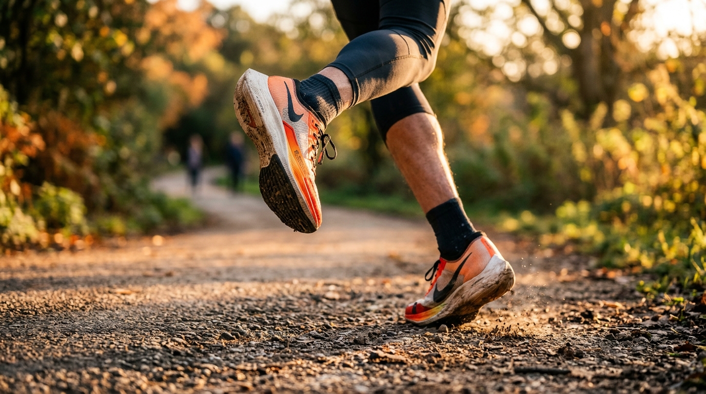 Close-up of a pair of running shoes in motion on a textured path, one foot lifted mid-stride, soft-focus background