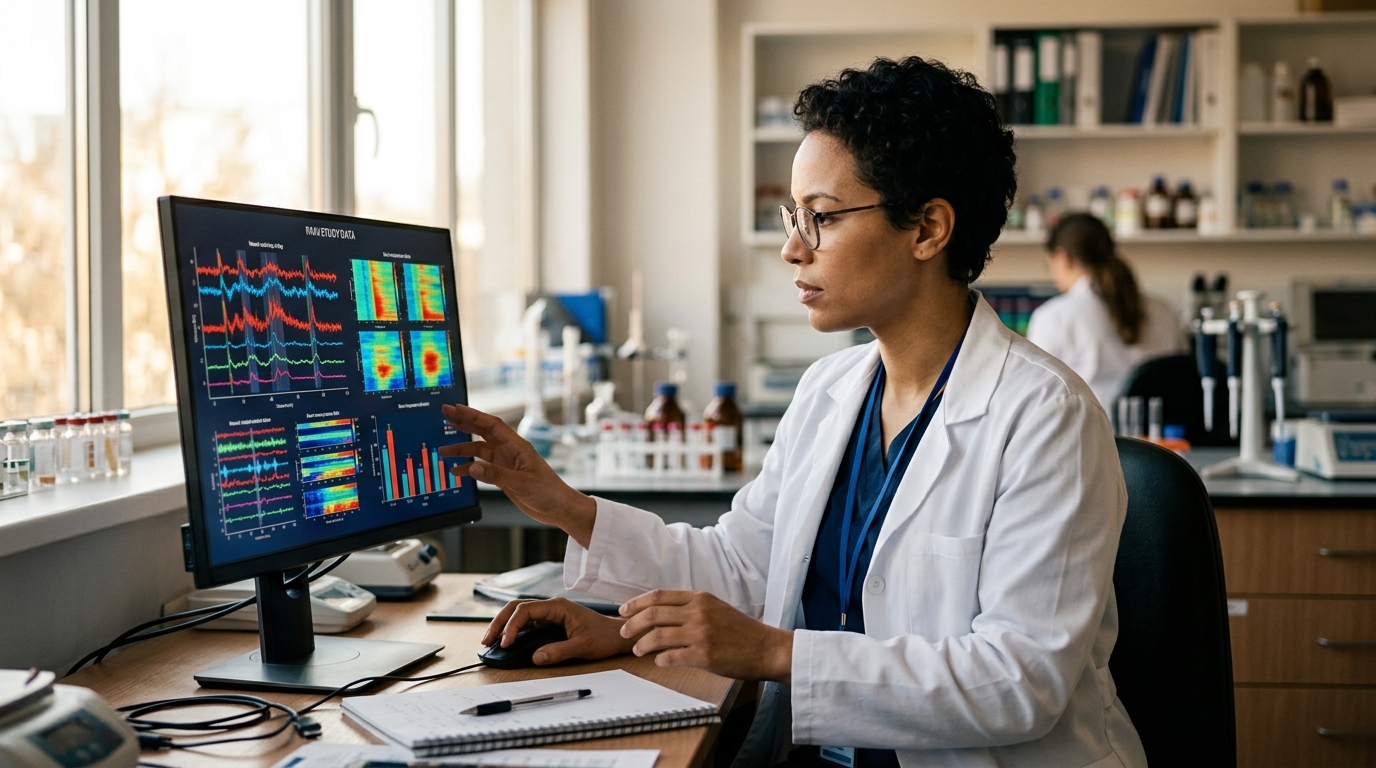 Medical researcher reviewing pain response data on a monitor in a dimly lit lab, soft natural light from a window, editorial style, no text