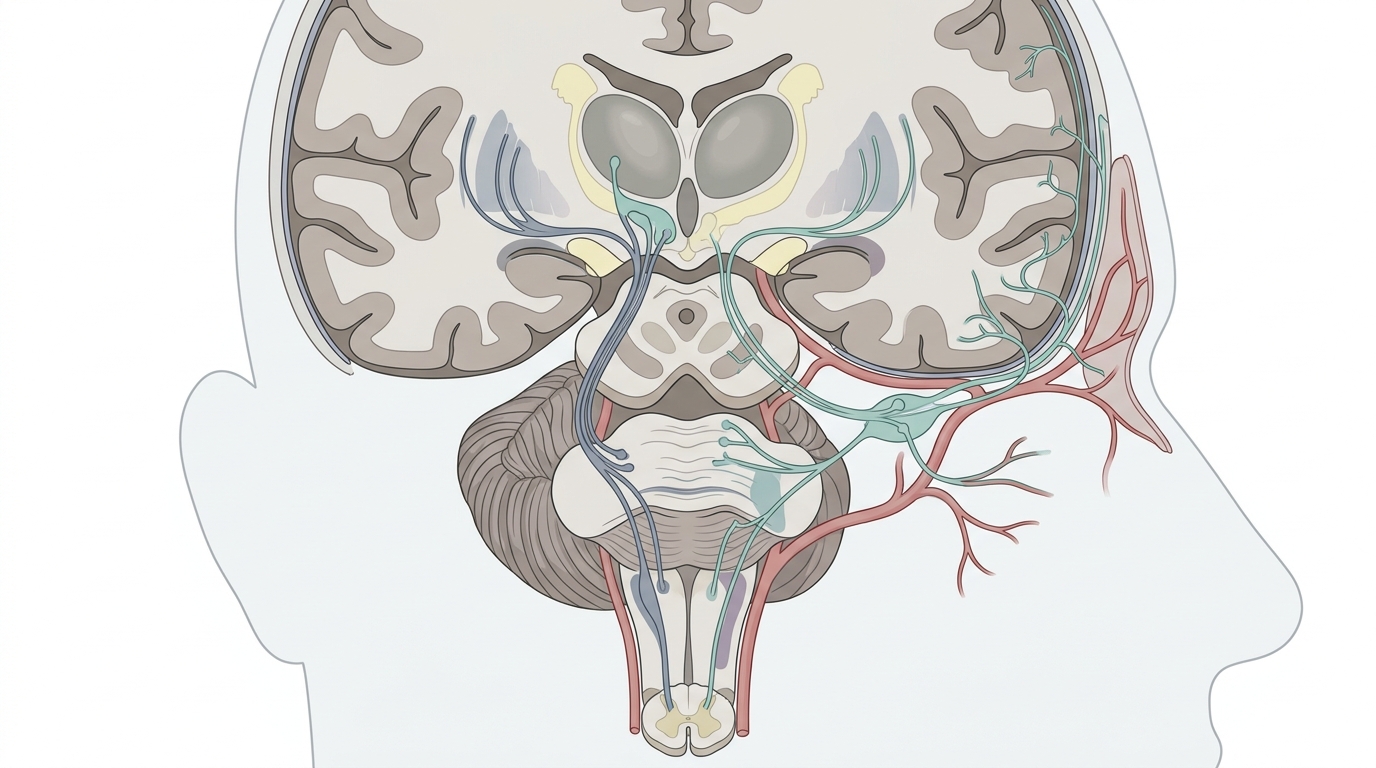 Illustration of the hypothalamus and trigeminovascular pathway during premonitory migraine phase