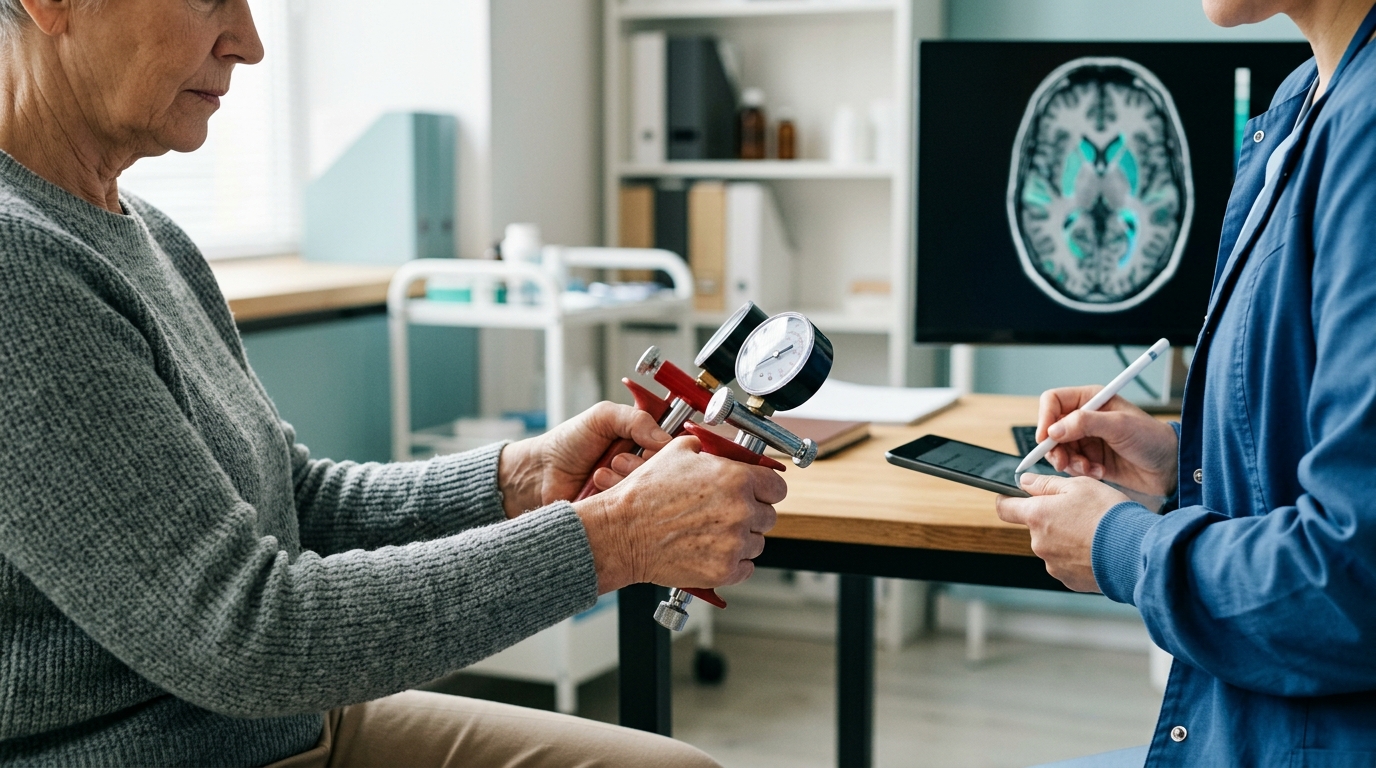Older adult doing a grip strength test, with a soft-focus brain scan in the background, natural light