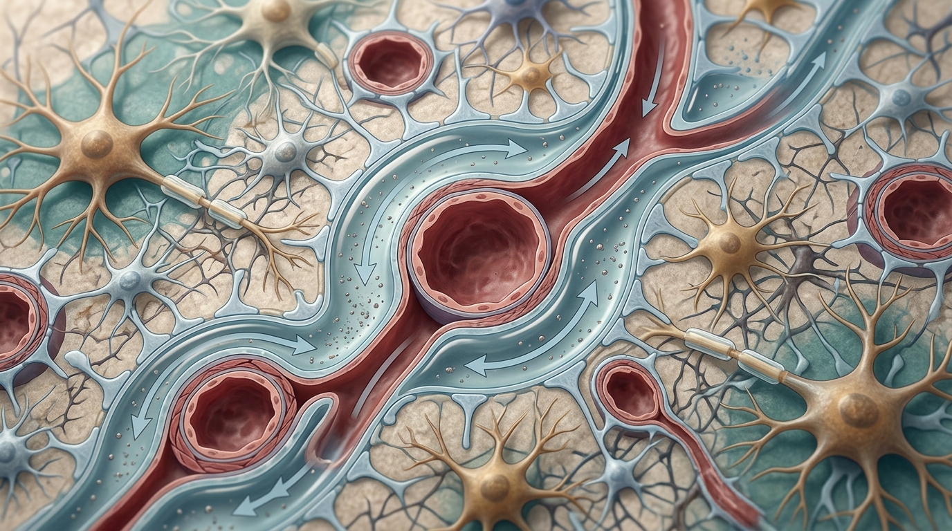 Cross-section illustration of brain perivascular spaces and fluid channels around cerebral vessels