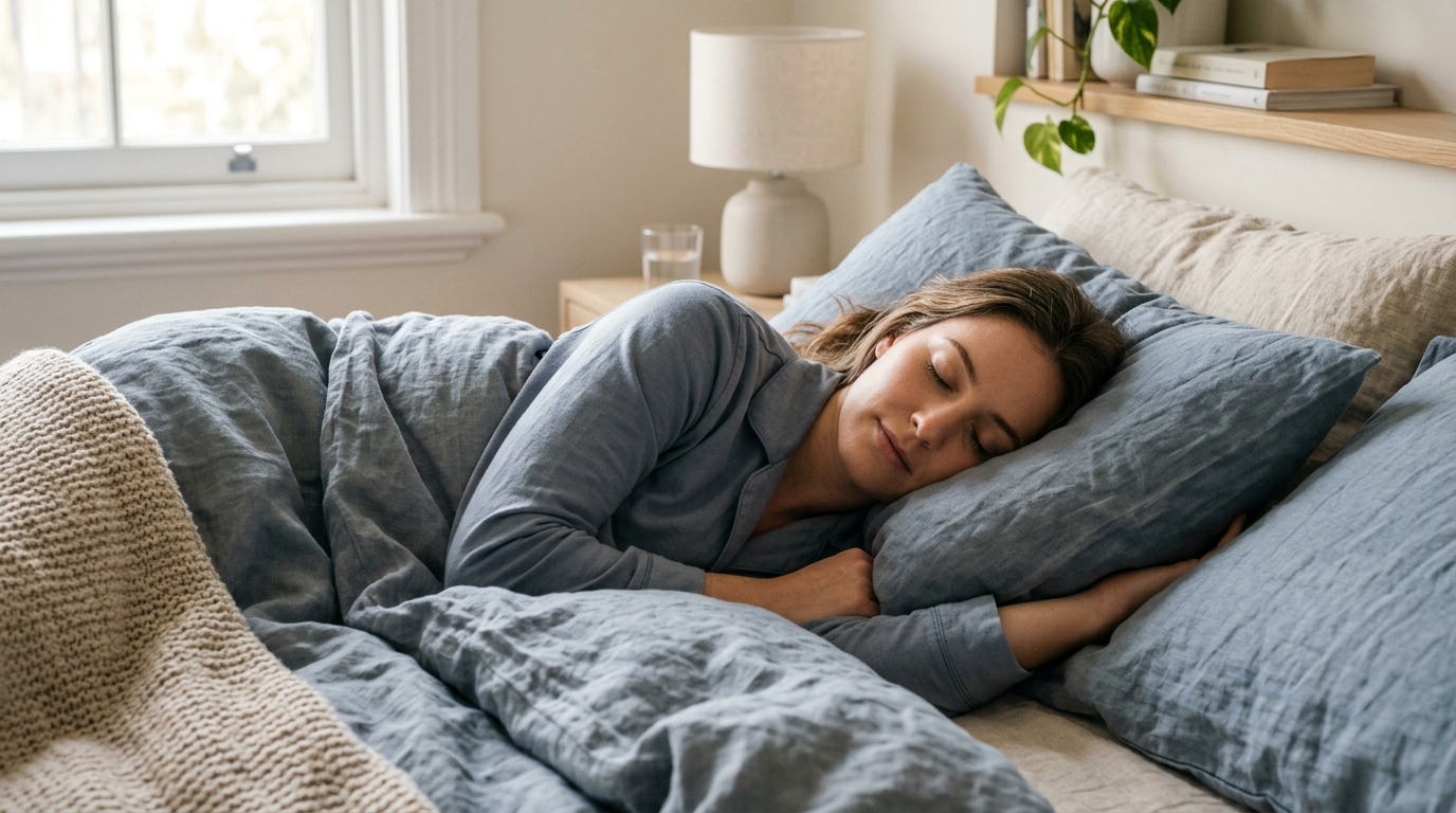 Person sleeping peacefully in soft morning light, side profile, blue-gray and warm neutral tones, editorial style