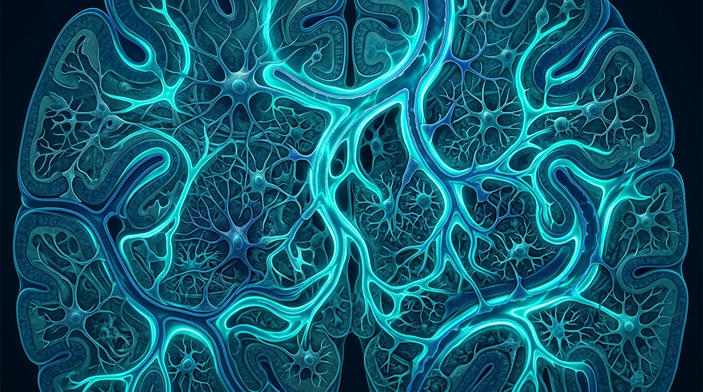Abstract scientific illustration of brain tissue cross-section with glowing fluid channels representing cerebrospinal fluid clearance pathways