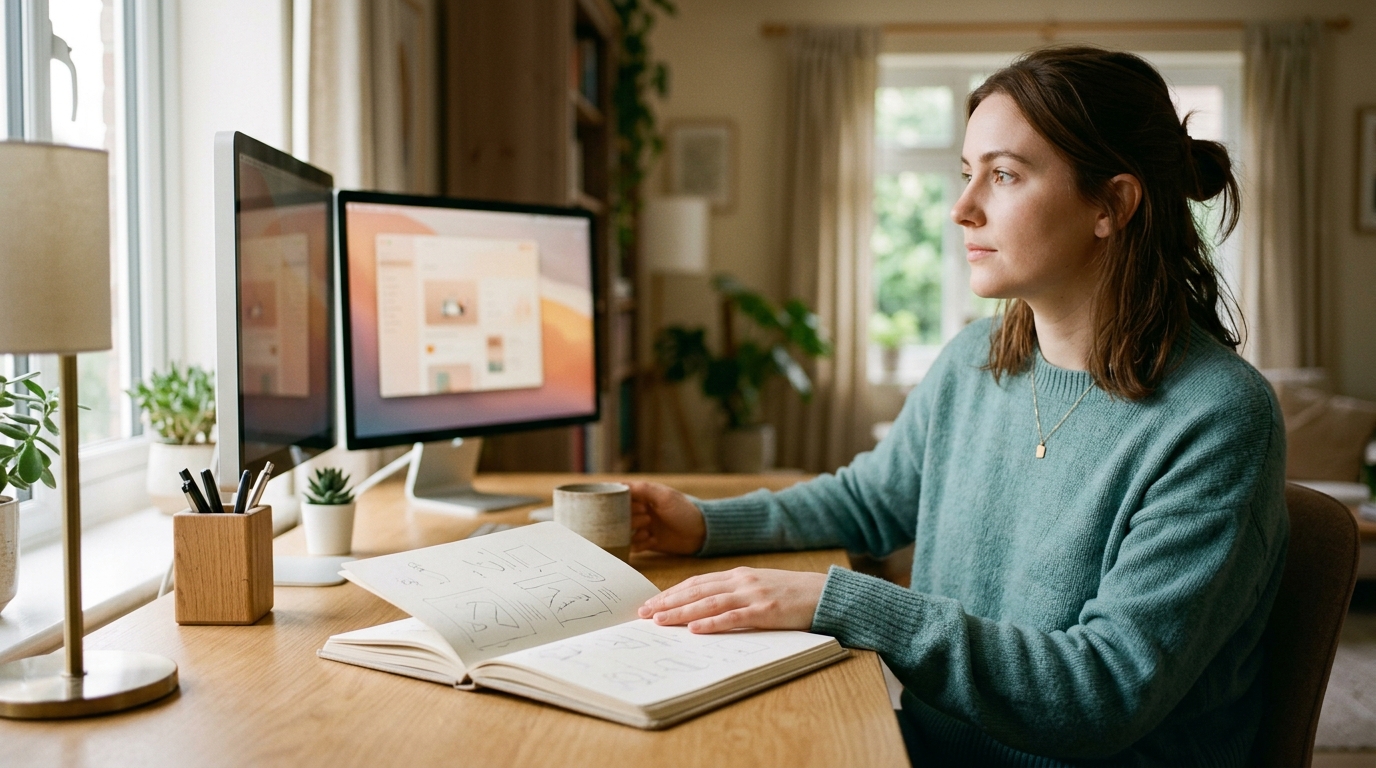 Person at a desk pausing mid-task, hand resting on an open notebook, gaze shifting toward a second screen — a moment of cognitive transition captured in soft editorial light