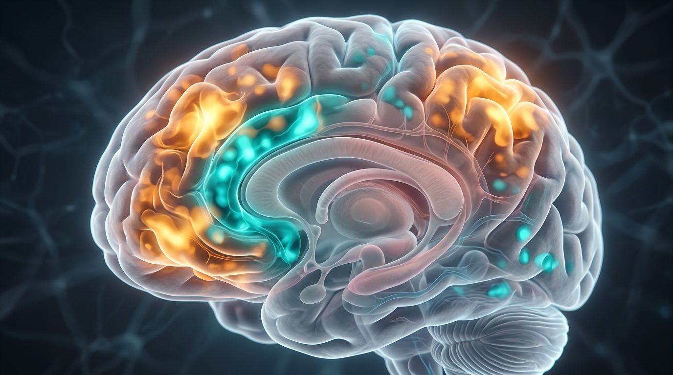 Abstract rendering of overlapping cortical activation maps in cool teal and warm amber, representing the anterior cingulate and frontoparietal regions studied in task-switching neuroimaging research