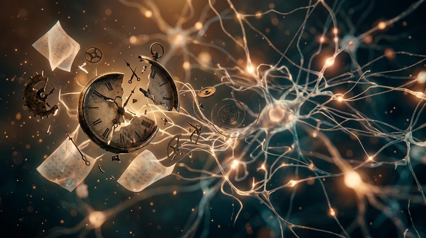 Abstract rendering of fragmented time and brain circuitry illustrating trauma memory and time perception