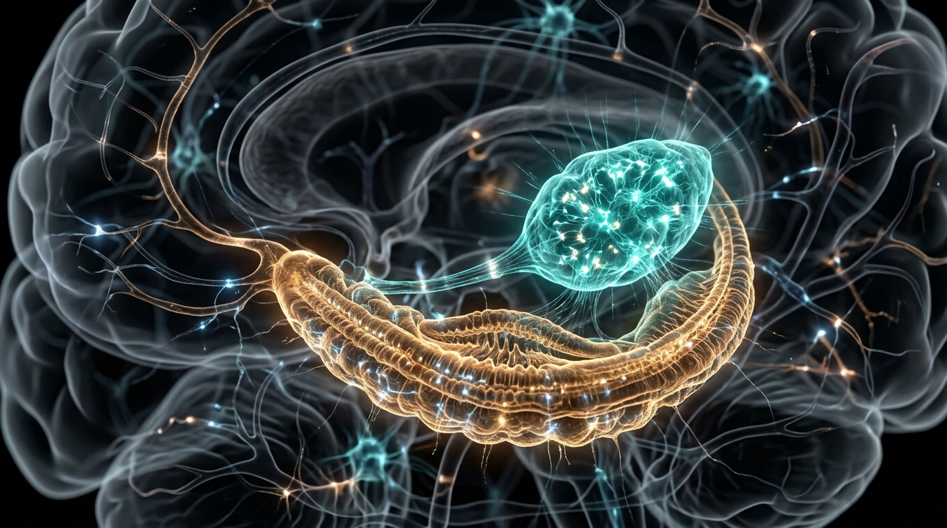 Neural pathway diagram showing hippocampus, amygdala, and interoceptive signaling in trauma memory